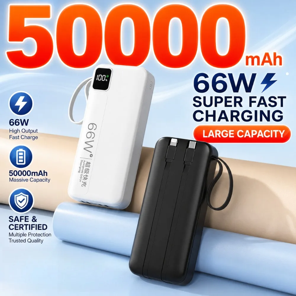 50000mAh Power Bank 66W Super Fast Charging Portable Charger Large Capacity External Battery for IPhone Samsung Xiaomi
