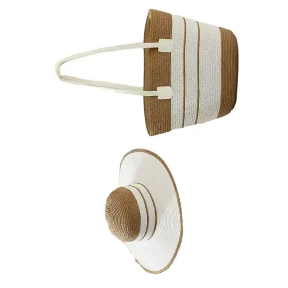 2Pcs/Set Hat Tote Bag Set Striped Print Wide Brim Straw Hat Handmade Rattan Tote Bag Set Summer Beach Sun Hat Picnic Bag Set