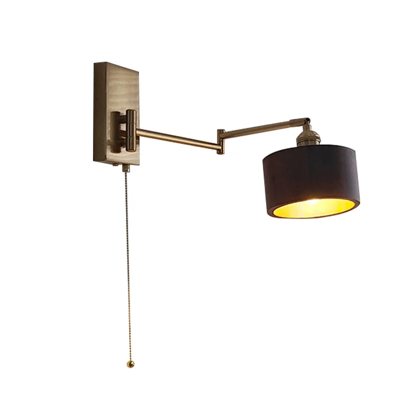 American Black Walnut Long Pole Wall Lamp Nordic Bedroom Bedside Lamps Study Homestay Drawstring Switch Rotatable Bracket Light