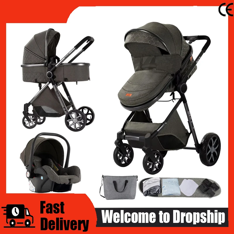 Luxuriöser 3-in-1 Kinderwagen mit Autositz und Schlafkorb, Leichter Babywagen, Hochwertiger Kinderbuggy, Multifunktionaler Verstellbarer Reisebuggy, Einfach Faltbar, Kompakt, Tragbar, Sicher,