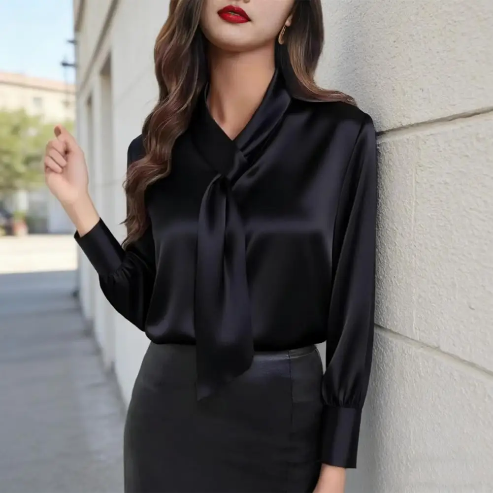 

Блузка с атласной текстурой, легкая женская рубашка, женская атласная блузка с завязками из лент, рубашка с V-образным вырезом и длинными рукавами для вечеринок