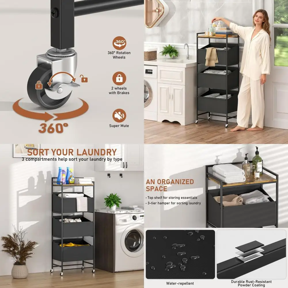 

3-х уровневый органайзер для белья на колесиках емкостью 120 л с полкой, компактный для прачечной, ванной комнаты, спальни, общежития и шкафа
