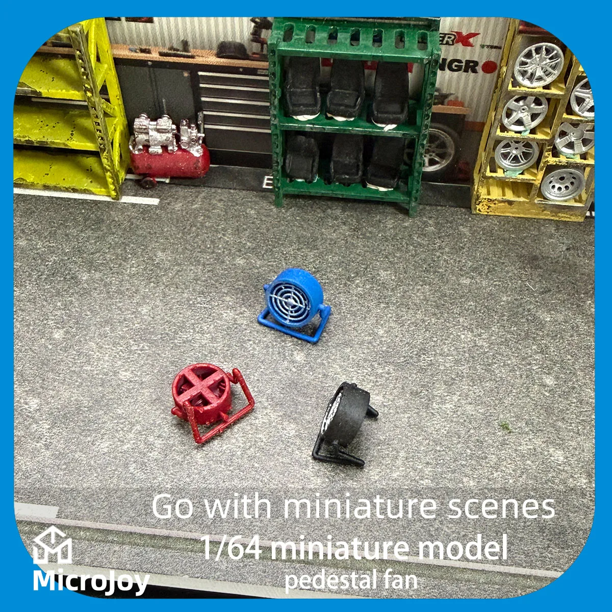 Detailed scene 1: 1:64 scale miniature model of a repair factory fan, mini floor-standing manual ornament, car model scene with distressed decoration, set of 2