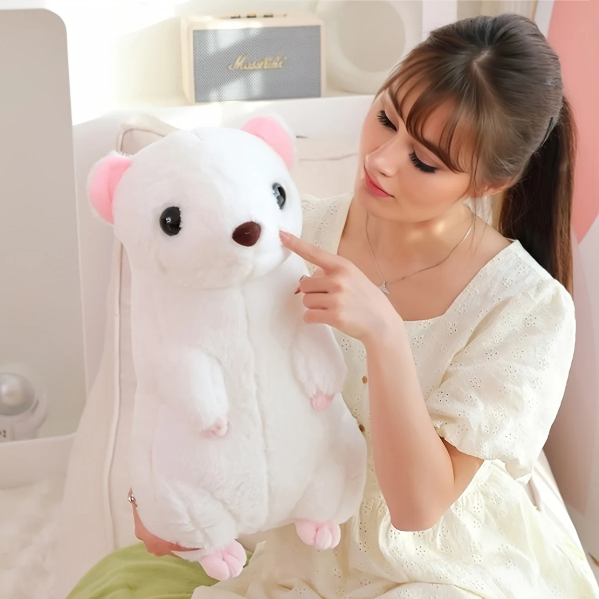 A cute white mink plush toy doll pillow creative short tail weasel doll home decoration party birthday gift