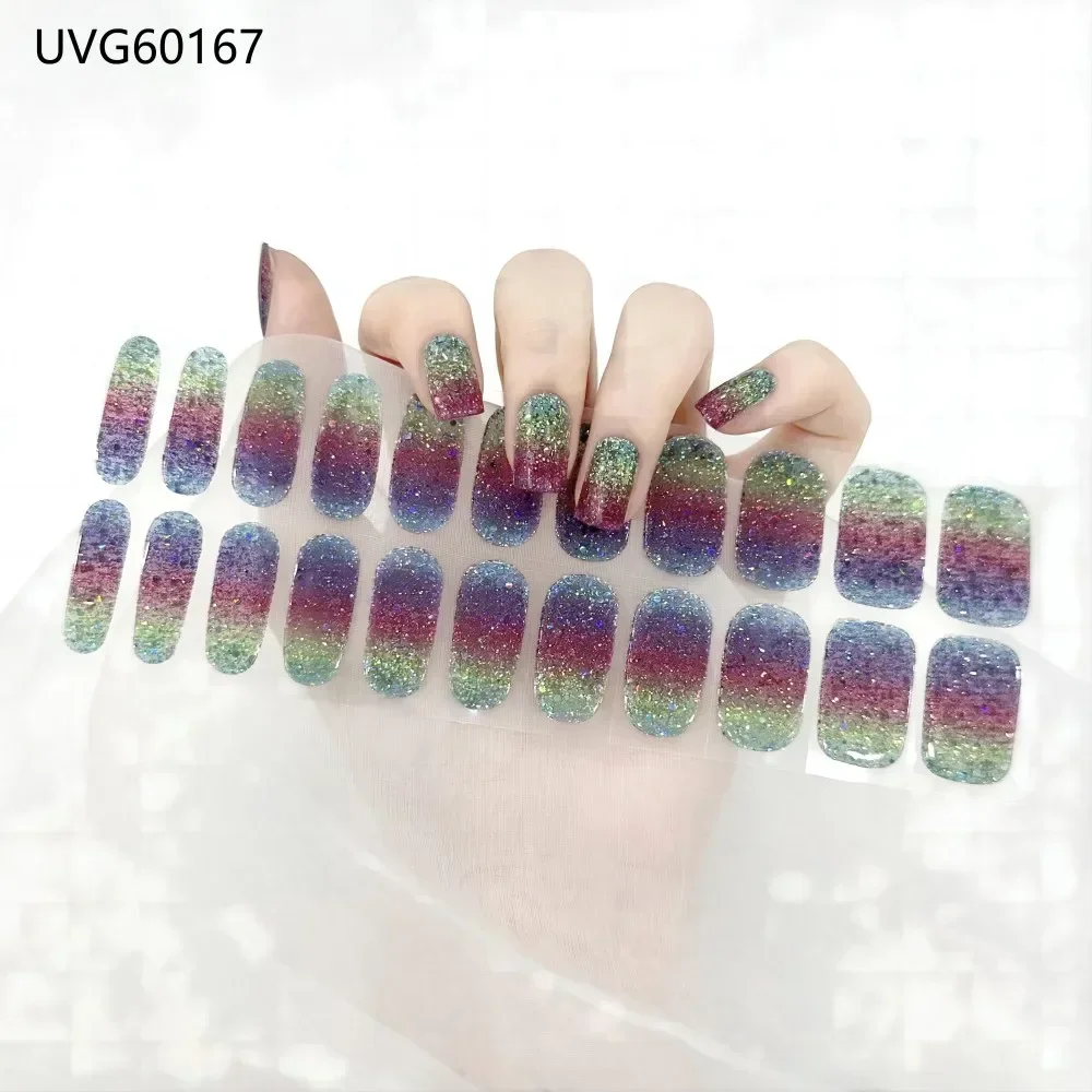 Pearl Lustre Pink Glitter Semi Cured Gel Nail Strip Sticker UV Lamp Cured Aurora Nail Gel Polish Wraps Full Cover Nail Decals