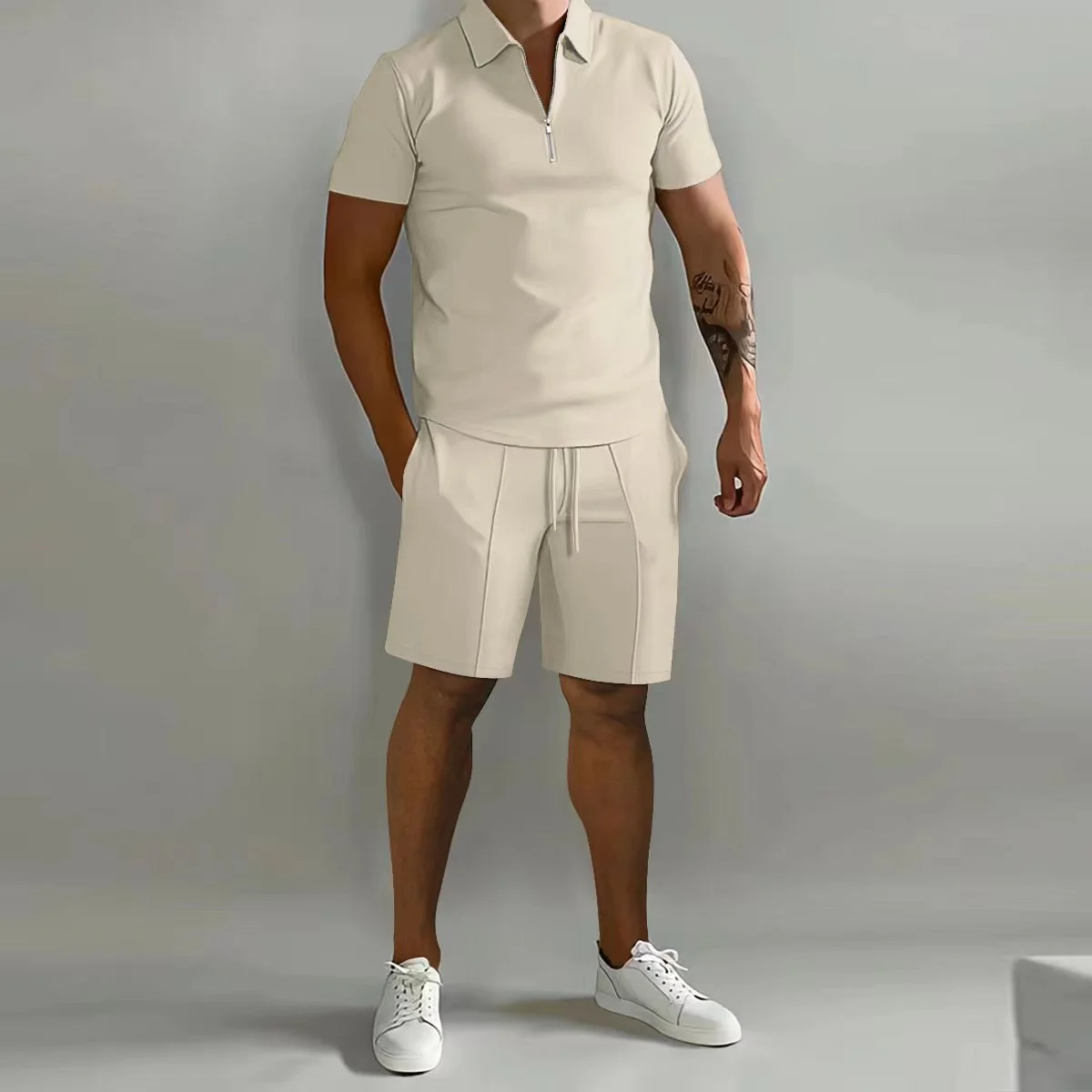 Tiki Summer Men\'s High Quality Simple Suit Solid Color Short Sleeved Zipper POLO Shirt Solid Color Shorts Flash Sales