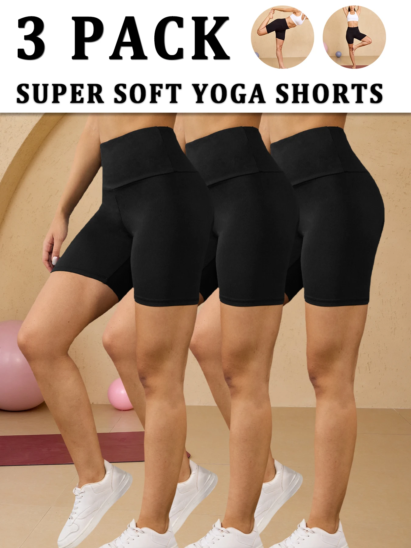 

3 Pack Women's High Waisted Biker Shorts Super Soft Tummy Control No See Through Workout Yoga Running Push Up Gym Fitness Shorts