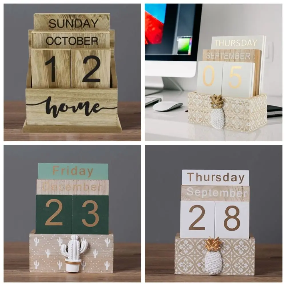 Aesthetic Wooden Perpetual Calendar Cactus Manual Desk Calendar Ornament Home Decoration Pineapple Date Display Ornament Office