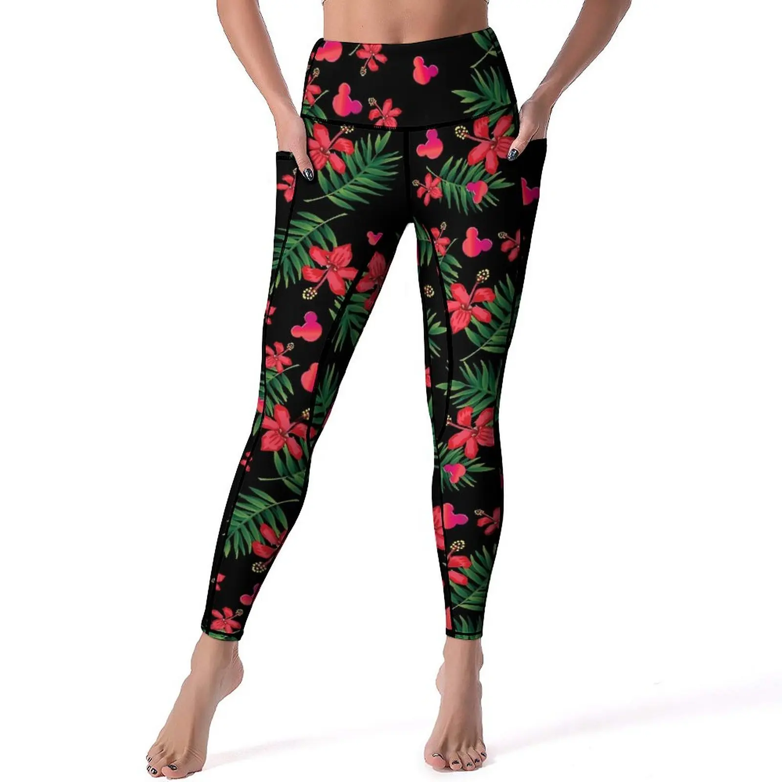 Red Floral Ears Yoga Pants With Pockets Green Leaf Print Leggings Sexy Push Up Yoga Sports Tights Fitness Running Leggins