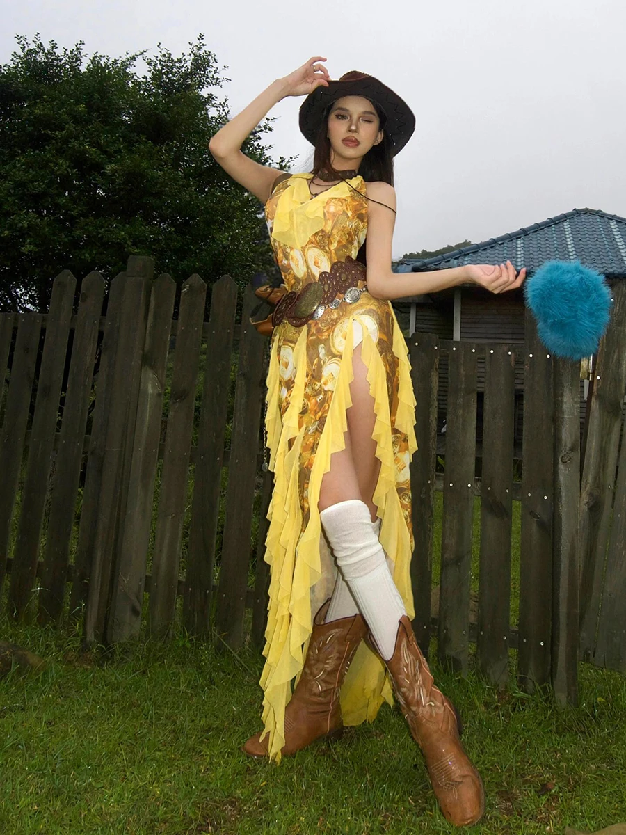 ReddaChic Abito lungo con frange e volant con spacco Altalena Estate Allover Monete d'oro Scollo a V Tie Up Halter Dress Boho Retro Abbigliamento donna