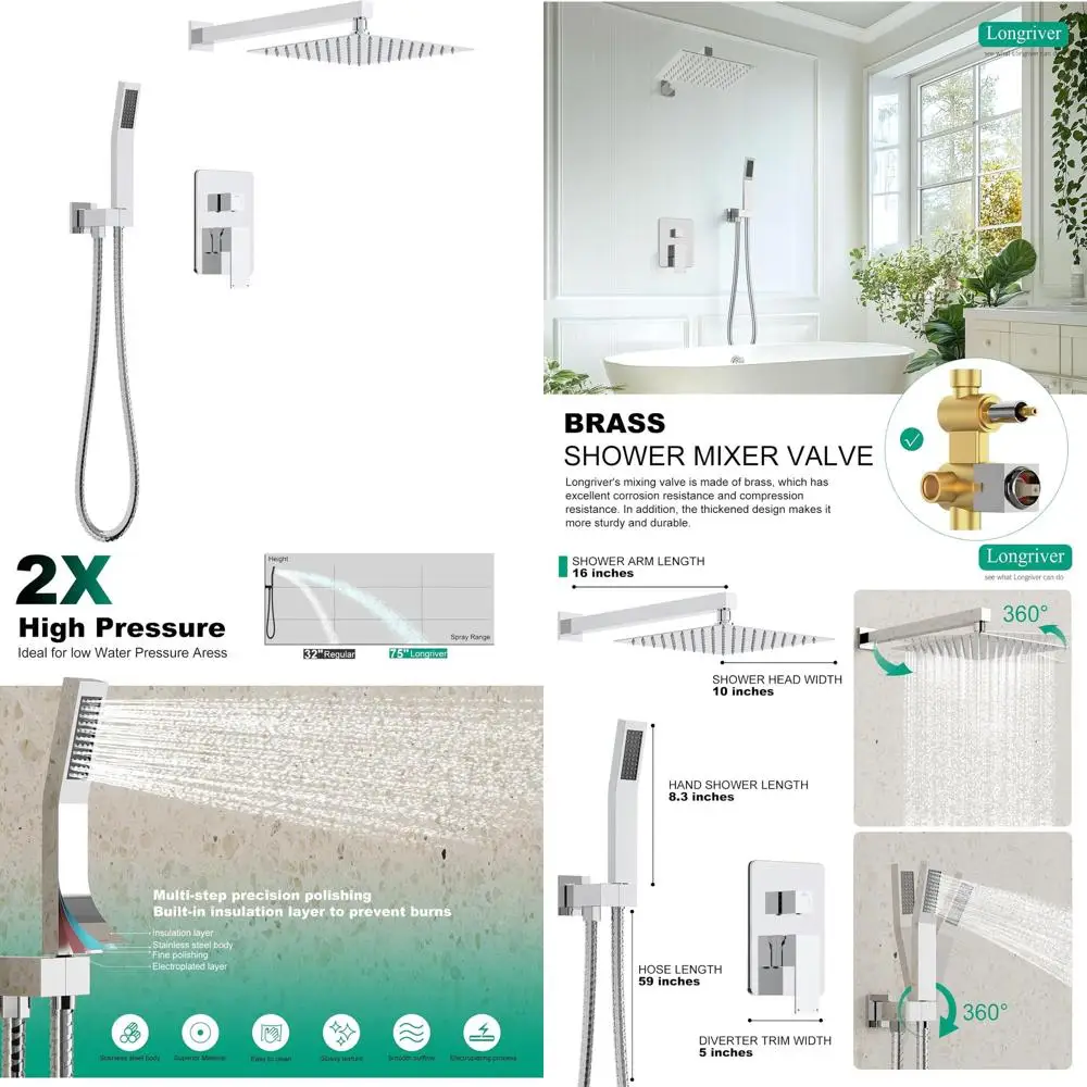 

10 High-Pressure Rainfall Shower System with Handheld, Wall-Mounted Fixtures, Chrome Finish