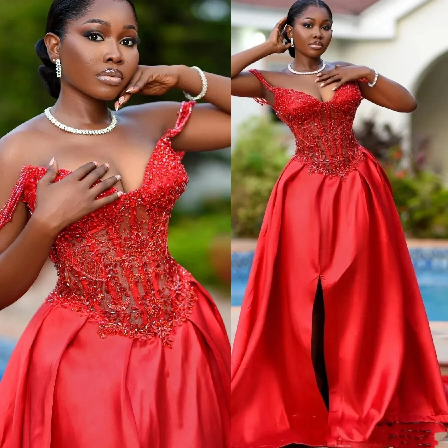 우아한 A라인 볼 드레스, 크리스탈 비즈 새틴과 섹시한 슬릿, 플러스 사이즈 정장 파티 웨딩 및 이브닝 드레스 2025 맞춤 제작