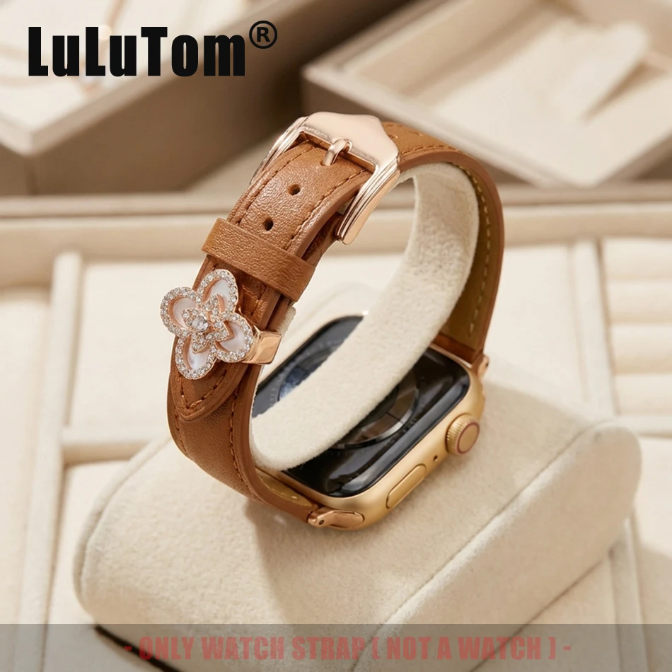 

Luxury Four-leaf Clover Leather Band for Apple Watch 11 10 9 8 7 6 5 4 3 2 1 SE Straps Iwatch Series 38 40 41 42 44 45 46 49 mm