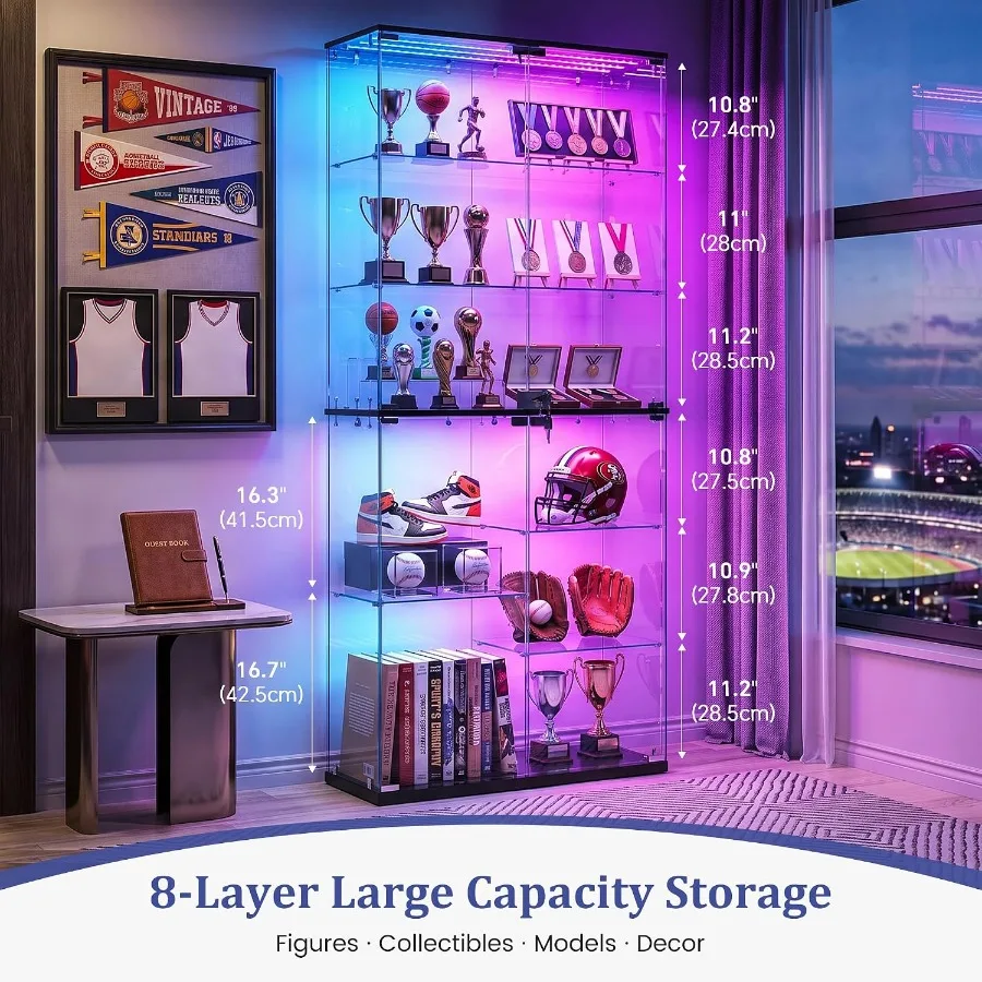 Full Glass Display Cabinet for Collectibles: Tempered Glass, Black, RGB Lights with Adjustable Brightness view 4