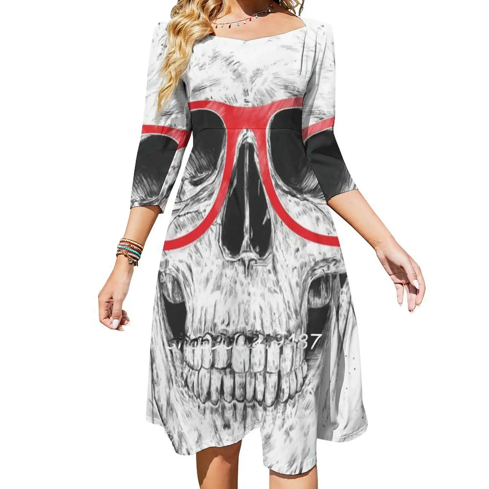 Skull With Red Glasses Dresses For Women A-Line Korea Style Slim Long Sleeve Dress Skull Glasses Portrait Grunge Humor Funny