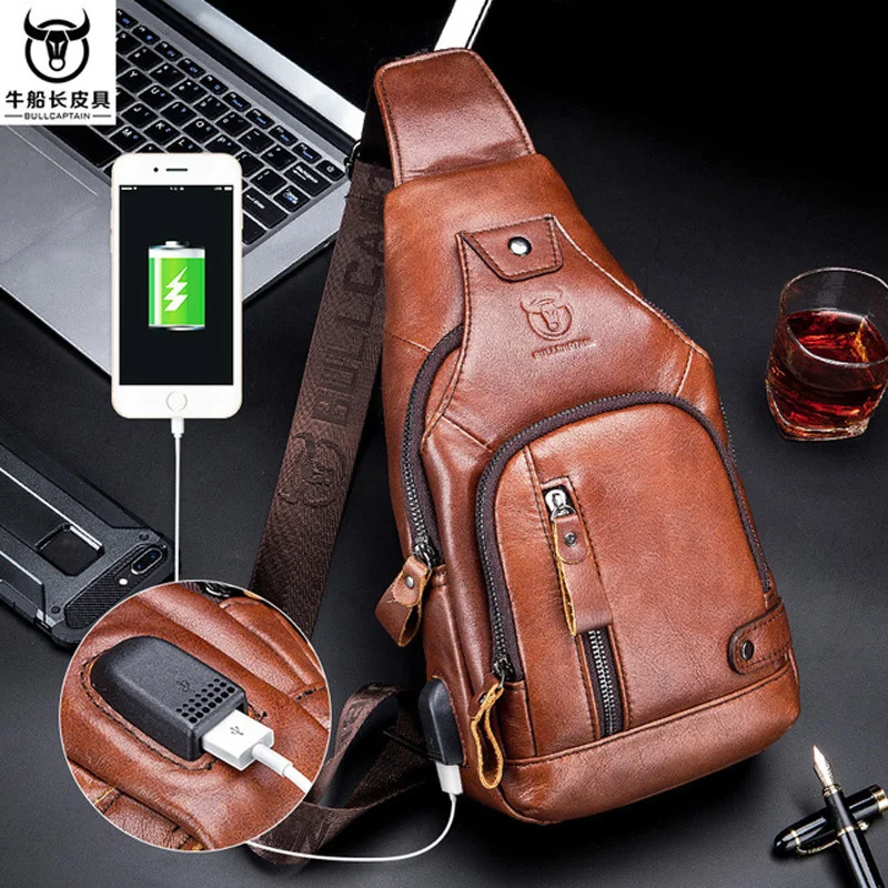 Novo 100% Couro Couro Casual Moda Crossbody Peito Bolsa de Couro dos homens Saco de Carregamento USB Viagem Ombro Bolsa Daypack Masculino