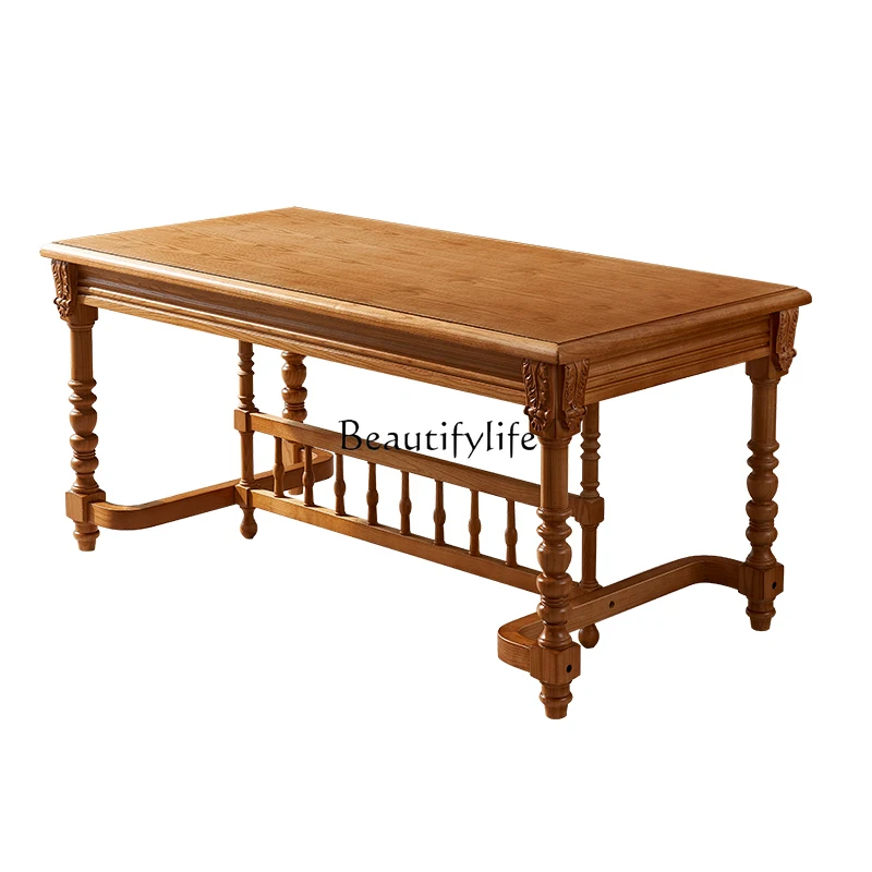 

*French retro solid wood home rectangular American carved log dining table light luxury modern