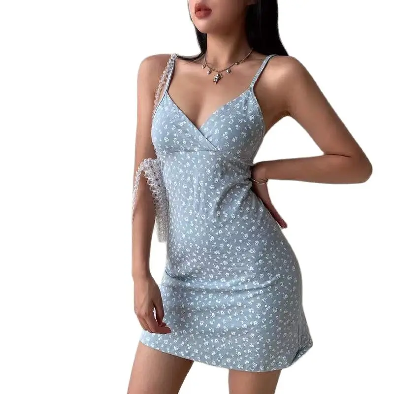 New Floral Flower Print Dress Women Mini Camis V-neck Sexy Skinny Black White Blue Dresses Woman Party Evening Y2K Clothes