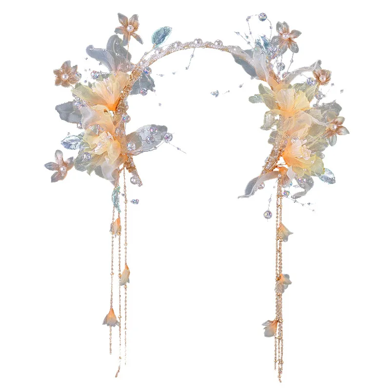 Chinese Traditional Hanfu Hair Hoop Vintage Yellow Chiffon Flower Tassel Headband For Women Ancient Style Cosplay Party Headwear