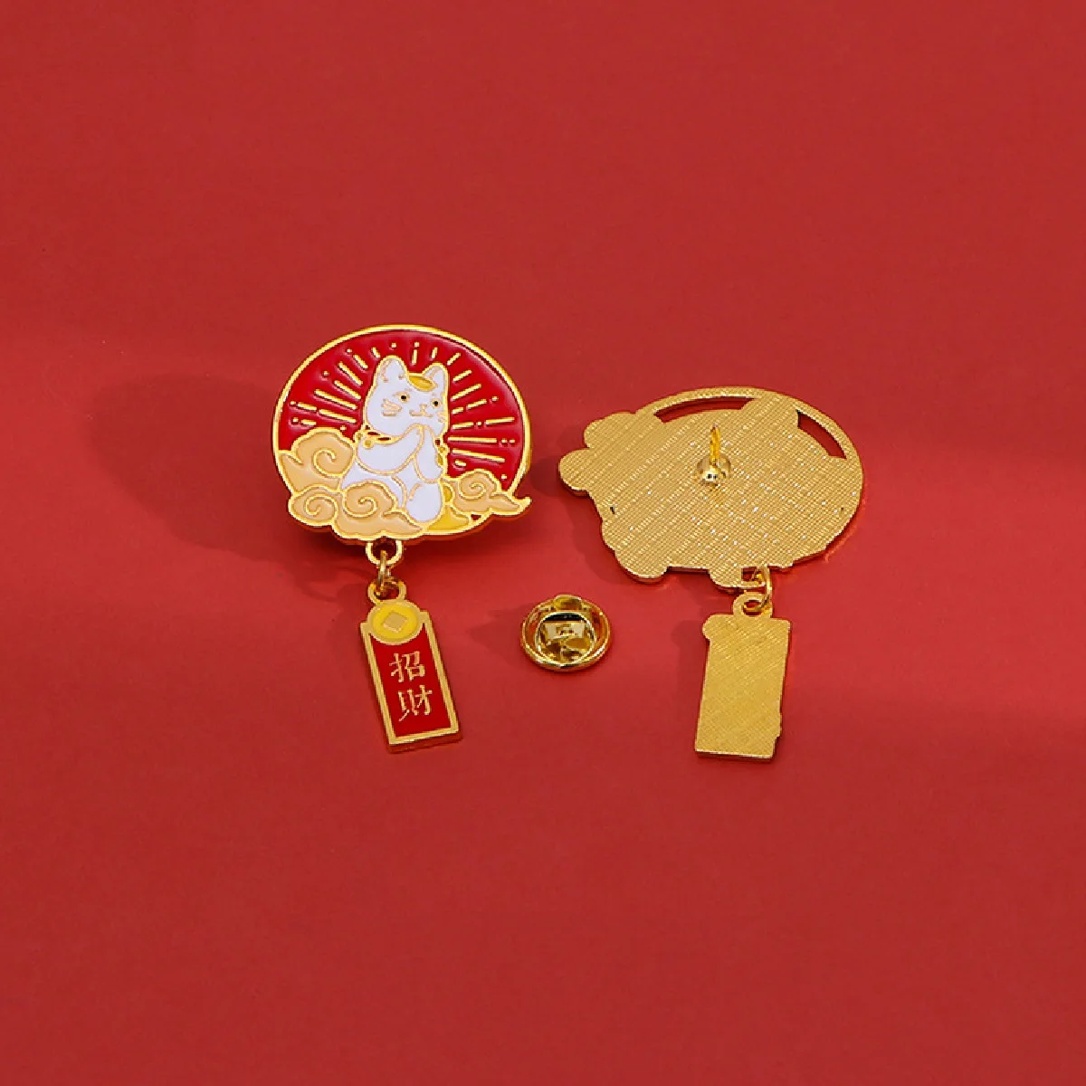 New Cartoon Chinese Style Lucky Cat Crane Brooch Festive Auspicious Words Safety Lucky Metal Enamel Badge Pins Decoration Jewels