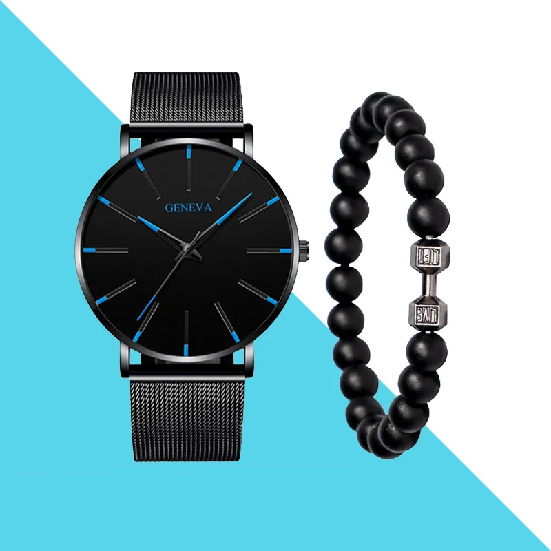 2 шт./компл. модные мужские деловые черные часы, роскошные ультратонкие сетчатые часы из нержавеющей стали, кварцевые мужские наручные часы, повседневные классические 2 шт./компл. модные мужские деловые черные часы, роскошные ультратонкие сетчатые часы из нержавеющей стали, кварцевые мужские наручные часы, повседневные классические