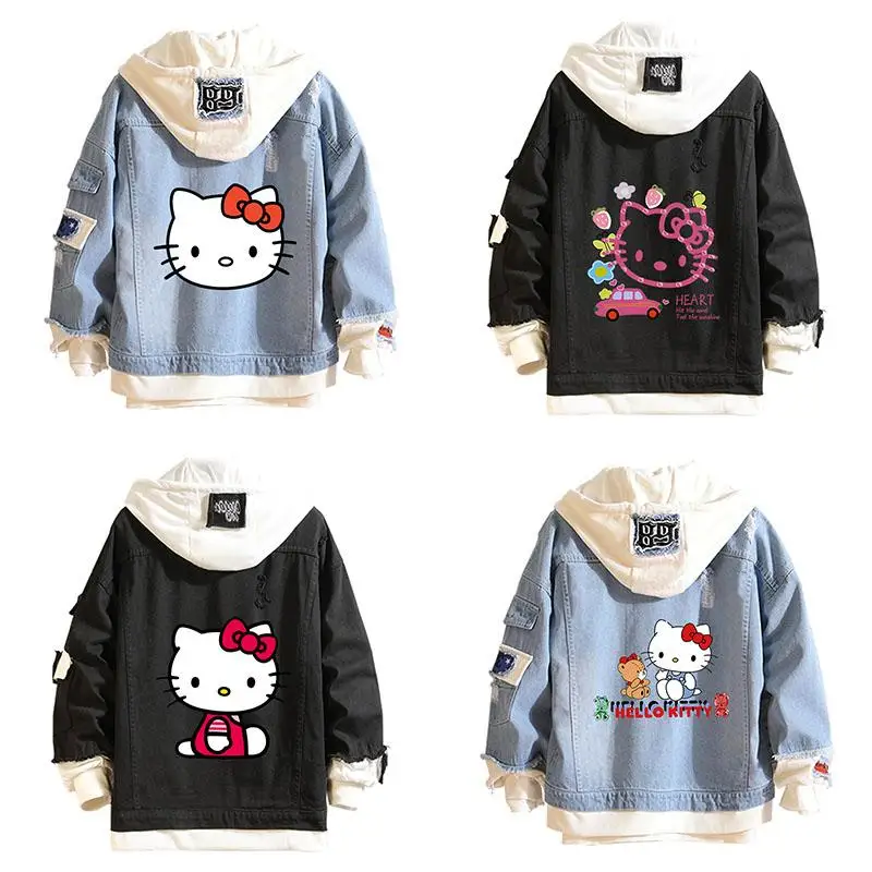 Anime Cartoon Sanrio Hello Kitty Cowboy Coat Fashion Kawaii Spring Autumn Couple Cute Loose Hooded Denim Jacket Couples Dress