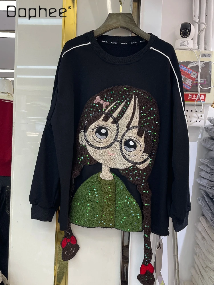 

European Style Trendy Brand Patchwork Cartoon Girl Round Neck Long Sleeve Sweatshirt Loose Fit Oversized Top for Women Autumn