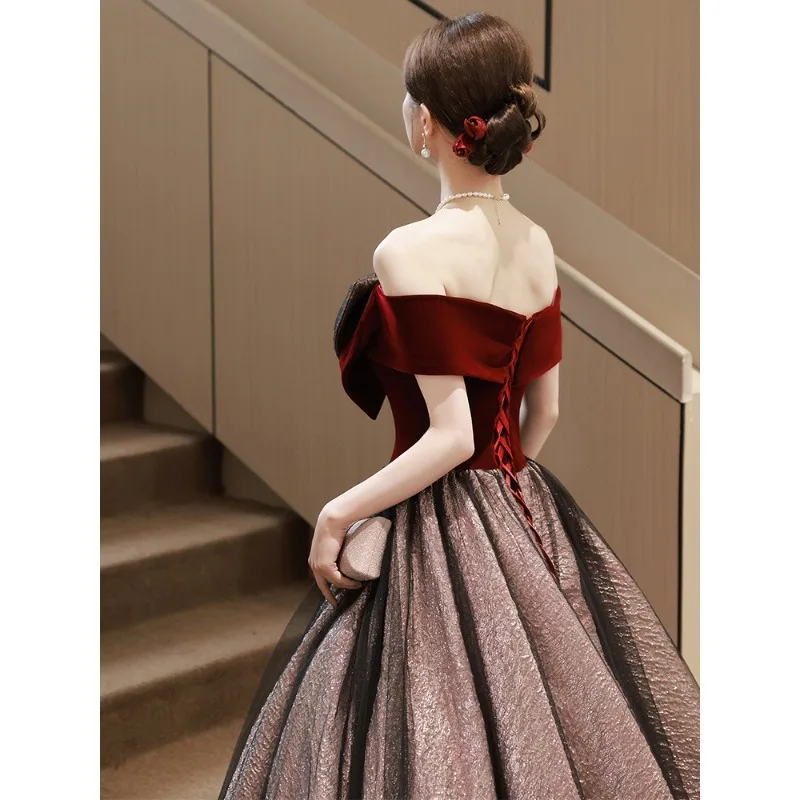 2025 New Women's Summer One Shoulder Wine Red Wedding Evening Dress Fashion Engagement Bow Decoration Grand Banquet Long Dress