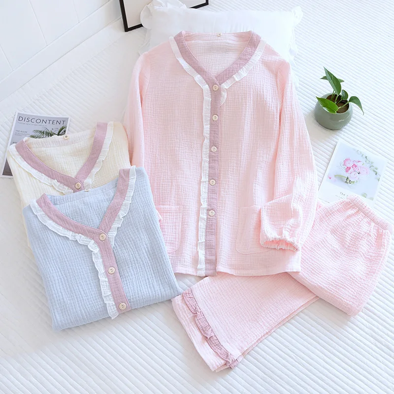 Spring and autumn new women\'s pajamas long-sleeved trousers two-piece set 100%cotton crepe V-neck solid color fresh homewear set