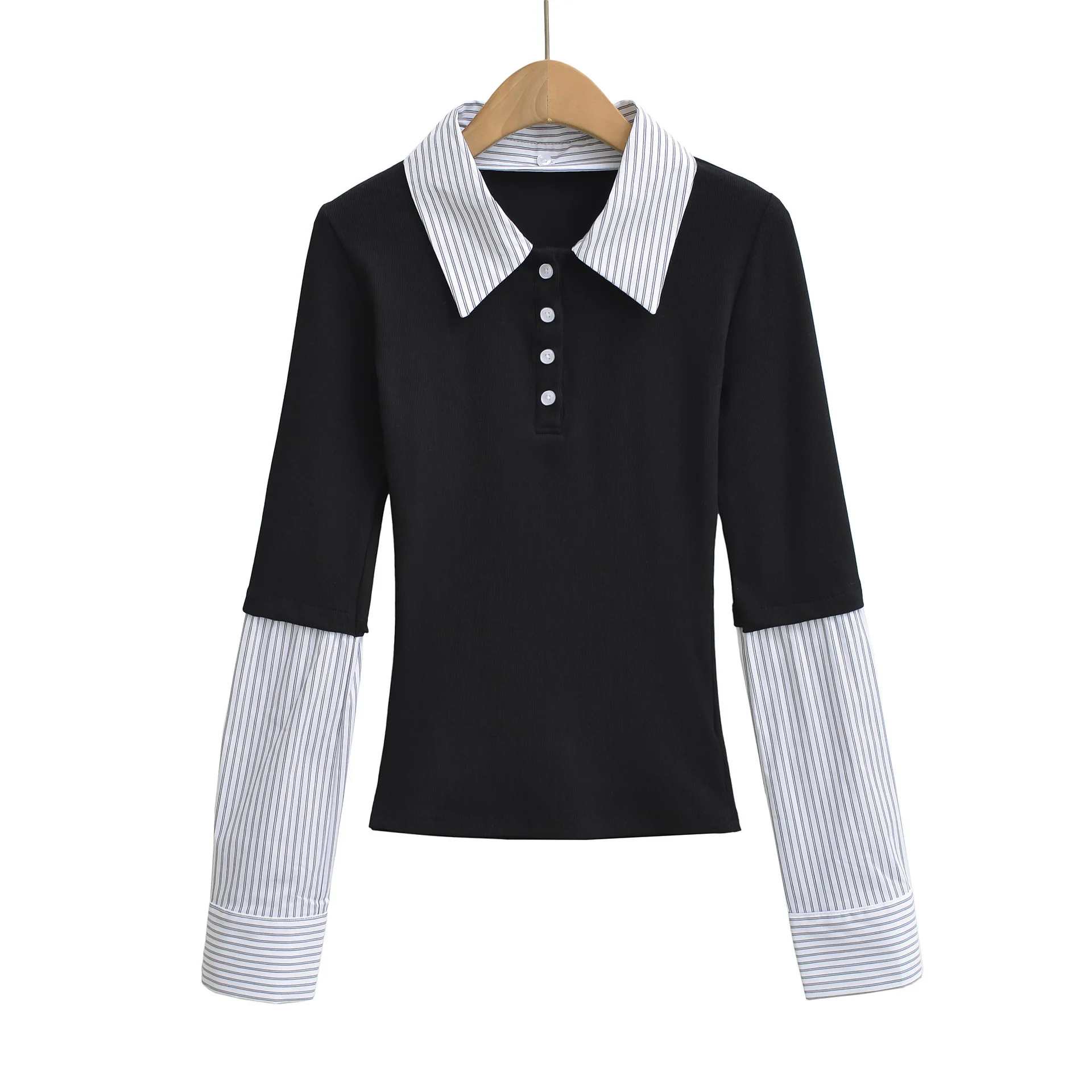 Custom LOGO women's new fake two-piece striped splicing long-sleeved shirt autumn  fashionable Spice Girl bottoming shirt  top