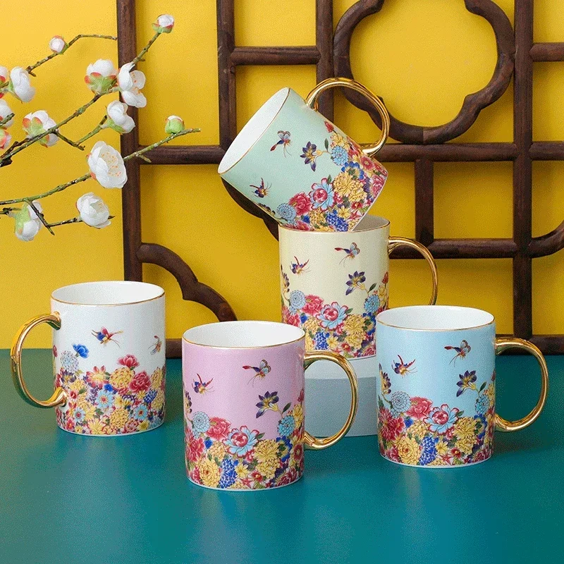 

Chinese Painted Bone China Coffee Cup Saucer Set Enamel Afternoon Tea Cup with Plate Spoon Luxury Ceramic Mug Party Drinkware