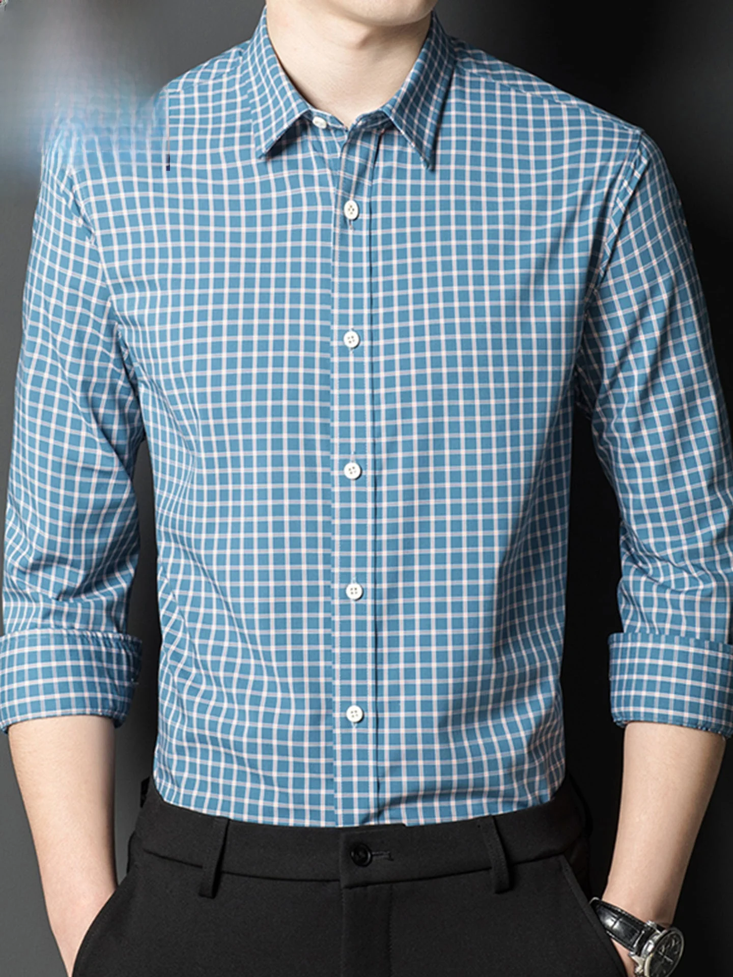 

Ice Silk Men's Long Sleeve Shirt Casual Thin Business Spring Autumn Cotton Plaid Shirt No Ironing Standard Fit Fashion City S...