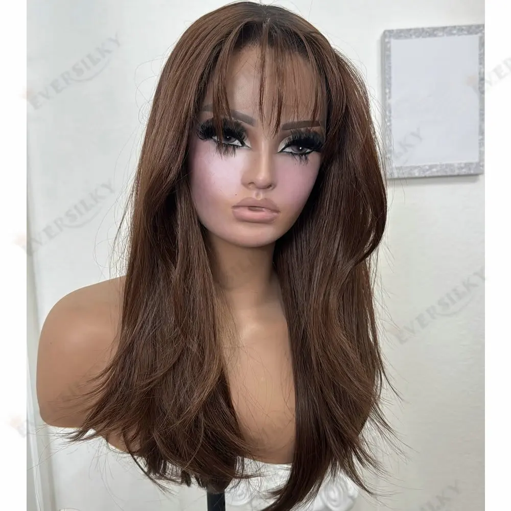 Chestunt Braune, transparente, vollständig aus Spitze gefertigte Echthaarperücken für Damen mit Pony, ohne Klebstoff, mit seidig glattem, langem, peruanischem Remy-Haar. – Detail 4