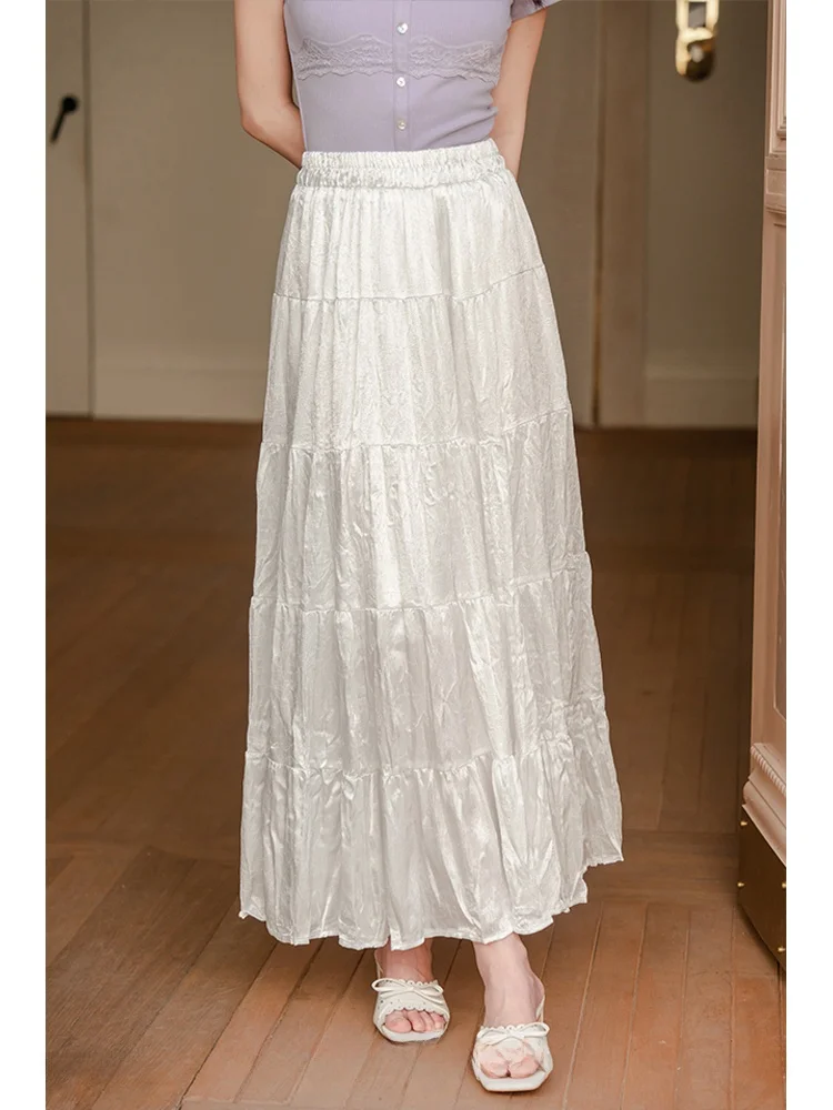 

Новая женская длинная юбка из шелкового атласа с высокой талией, расклешенная, А-силуэт, многоярусная, белая, розовая, весна-лето