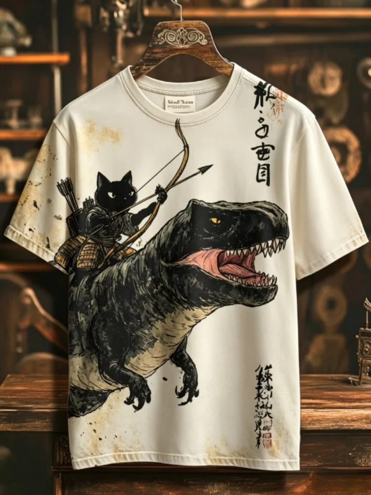Fashion Tees Chic Men's Black Cat Riding A Dinosaur Shooting Arrows Away From Explosion Calligraphy Art Print Casual T-Shirt