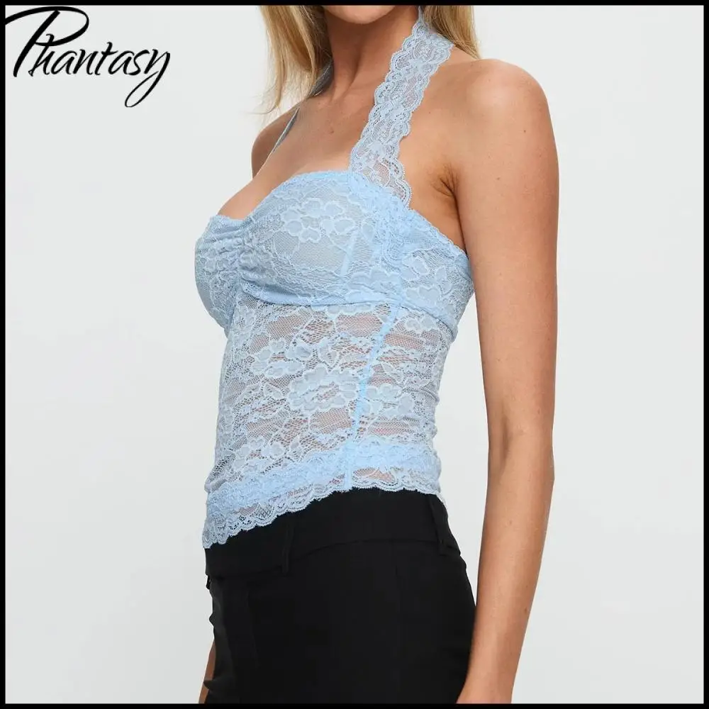 Phantasy Sexy See through Backless Blue Tank top Women Fashion Halter Lace Black Crop Top Summer Casual Streetwear Camisole