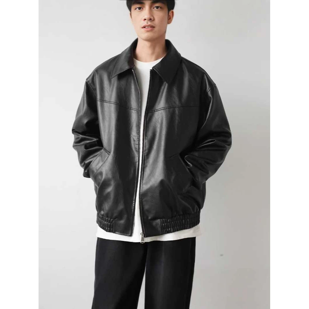 

Loose Men's PU Leather Jaet Faionable Biker Sle High Street Outerwear Autumn Windproof Seven Sve Zipper Design