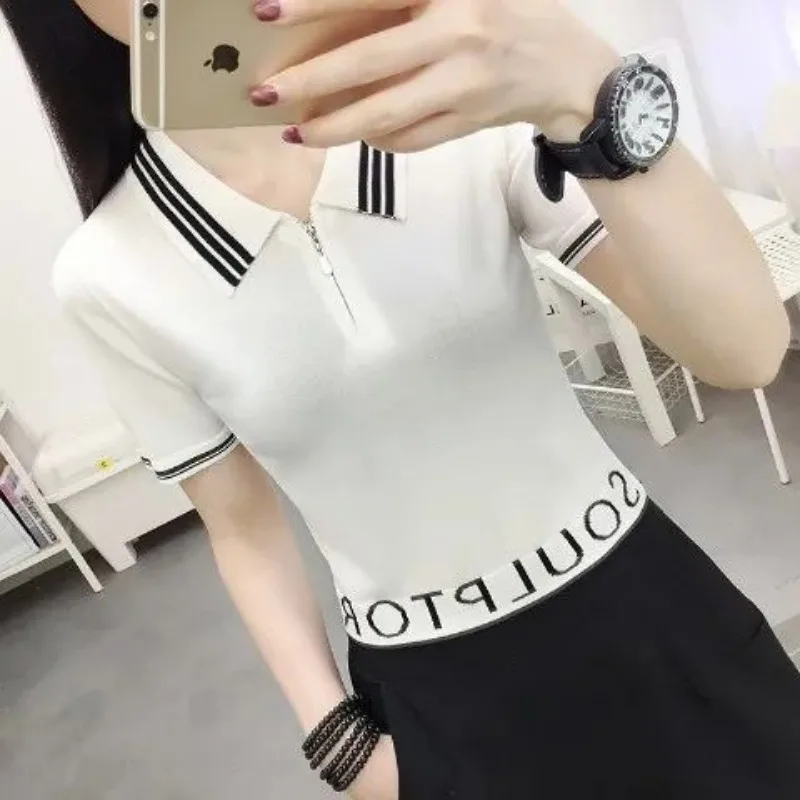 Women\'s Turn-down Collar Solid Color Summer Striped Short Sleeve Zipper Sweater Knitted Clothing T-shirt Casual Colorful Tops