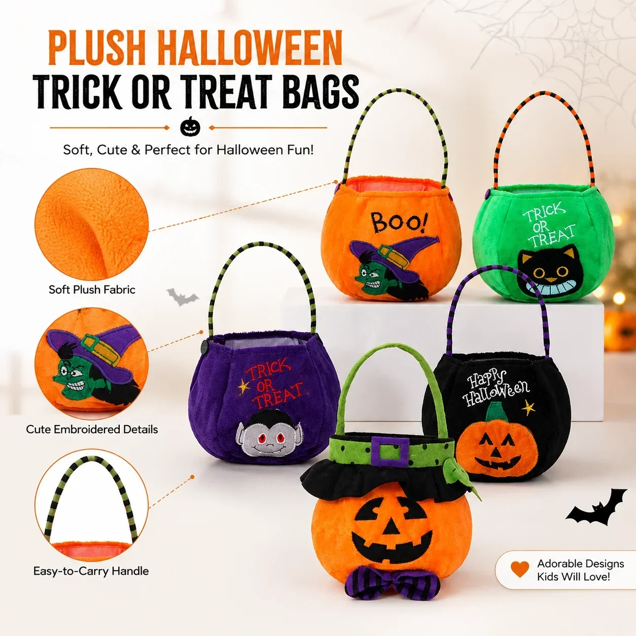 Spooky Holiday Storage Supply 1PC Plush Pumpkin Hand Tote Bag Embroidered Witch Cat Vampire Kids Trick Or Treat Goodie Bucket - view 5