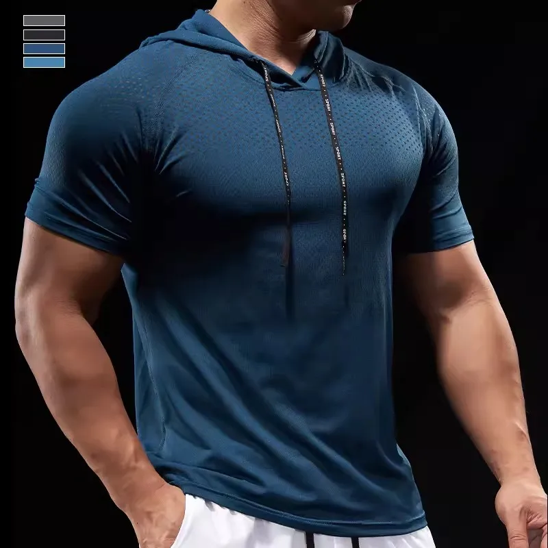 Summer GYM Sport Hooded Running Men T shirt Fitness Slim fit compression elastic Short sleeve Quick Dry Bodybuilding Tshirt image 2