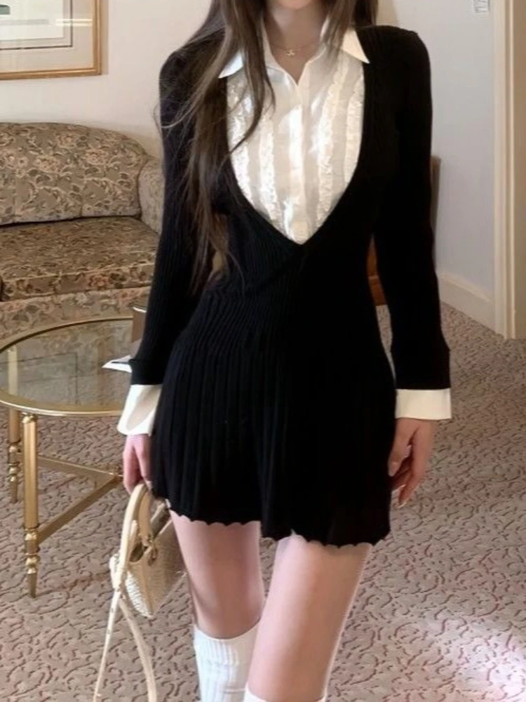 Korean Style French Elegant Two Piece Knit Mini Dress Women Y2k Slim Fit Ruched Bodycon Long Sleeve Party Date Night Outfit 2026