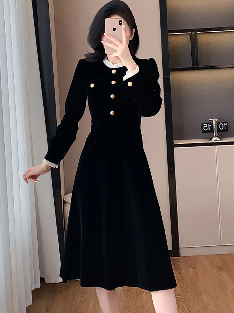 Frauen Koreanische Vintage Bodycon Prom Kleidung Herbst Winter Schwarz Samt Chic Rüschen Kragen Langes Kleid 2025, Elegante Luxus Vestidos