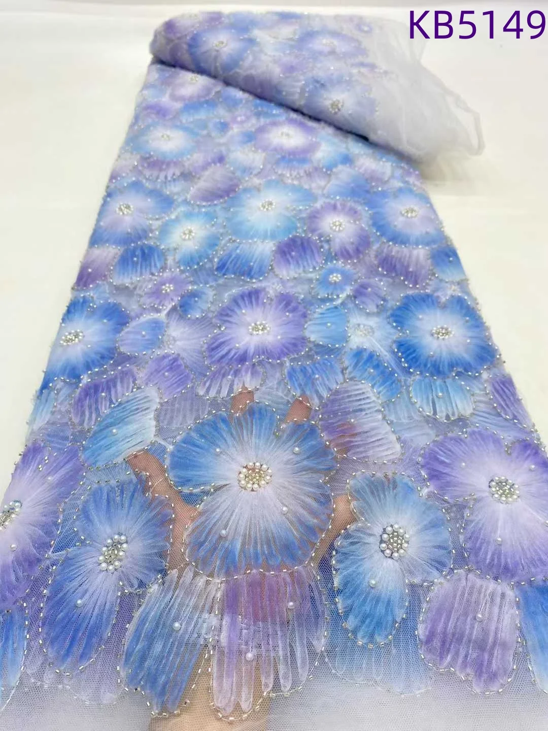 

Africa Beaded Lace Fabric With Sequence Latest Nigerian Lace Fabrics 2025 3D Flower Sequins Tulle Lace Fabric For Sewing KB5149