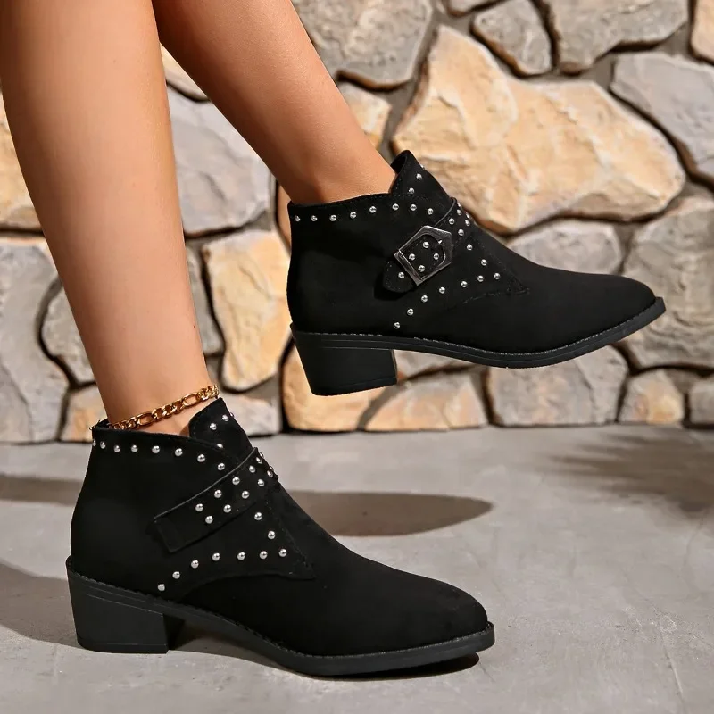 2025Women Ankle Boots Autumn Winter New Fashion Rivet Round Toe Warm Cotton Boots  Casual Comfortable Slip on Shoes for Women