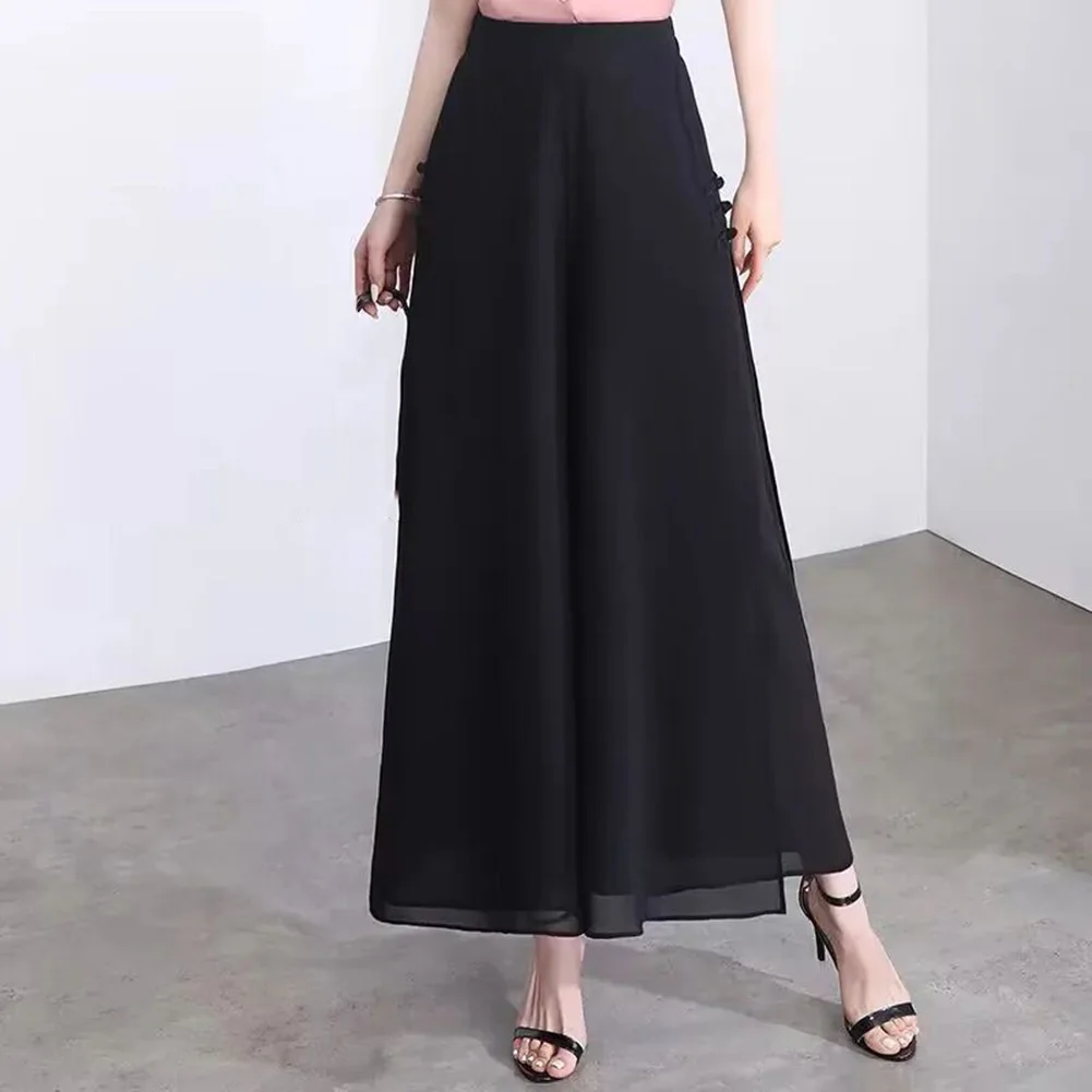 Chiffon Side Slit Trousers Chinese Style Pants Regular Length Trousers Solid Color Design Suitable For Holidays