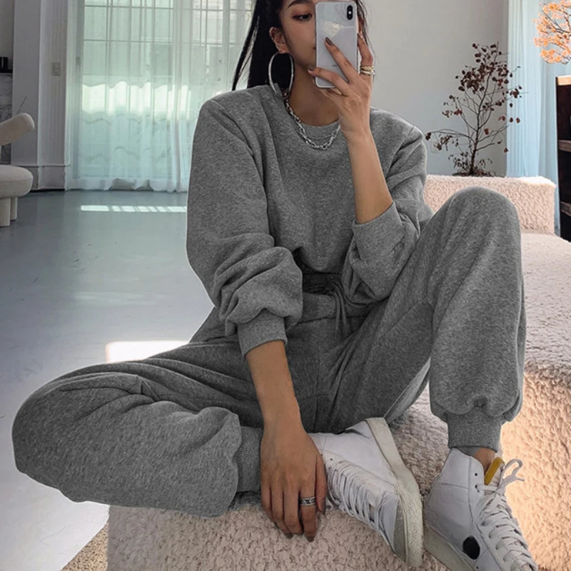 Jogging Sports Sweat Suit for Women Loose Long-sleeved Cropped Sweatshirts with High Waisted Sports Pants Tracksuit 2 Piece Set