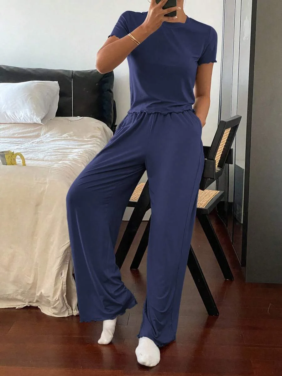 Casual Tops Two Piece Set Women Outfits Short Sleeve Crop High Waist Wide Leg Trousers Sets Streetwear Woman Pants Suit Mujer