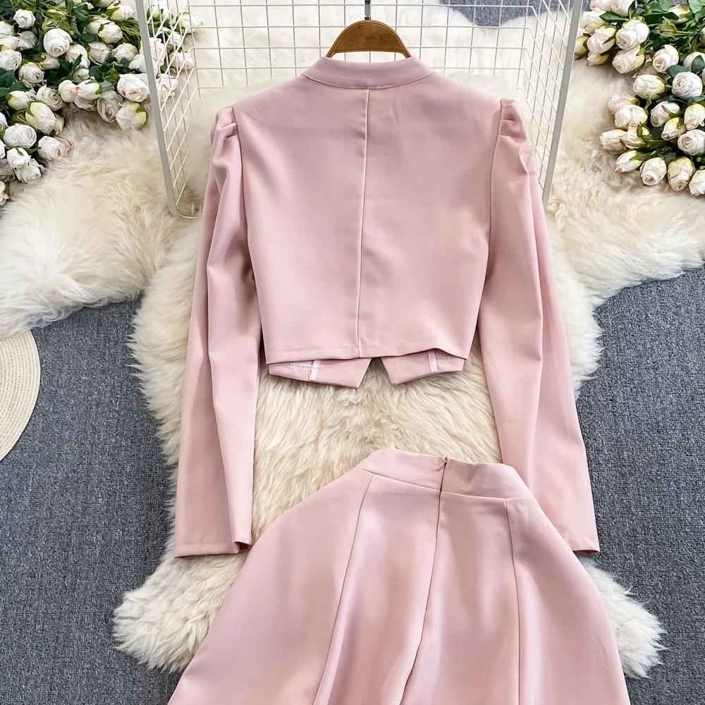 Small Fragrant Two Piece Skirt Women Bubble Long Sleeved Jacket Single breasted Coat Set of Two High Waist Slim A-line Skirt