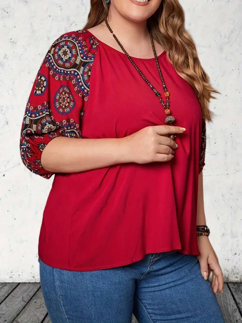 Damska koszulka Plus Size 1XL-5XL Casual Wygodna luźna koszulka z nadrukiem Modny top z okrągłym dekoltem Wszechstronny T-shirt