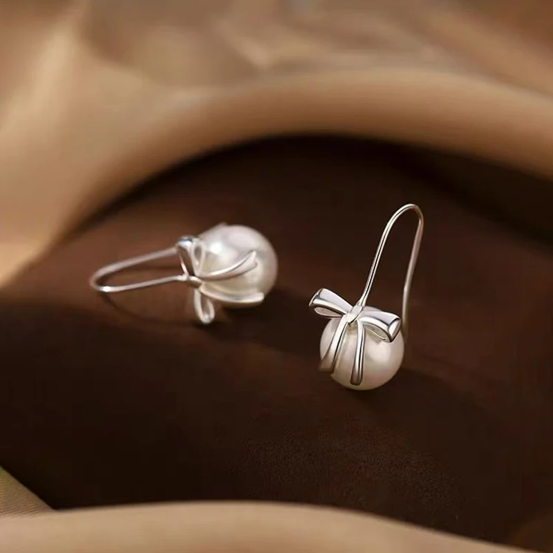 Real 925 Sterling Silver Bowknot Pearl Stud Earrings For Women Wedding Classic Fine Jewelry Light Luxury accessories view 3